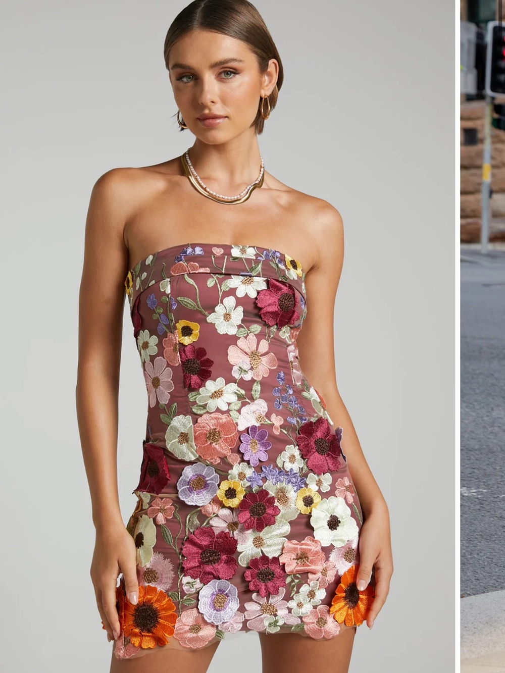 Showpo Strapless Floral Embroidered Mini Dress in Mauve and Multi